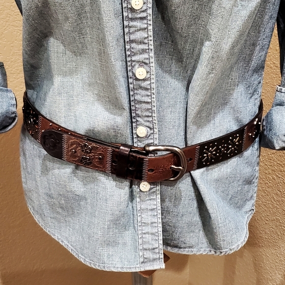 Fossil Accessories - FOSSIL MIXED MATERIAL PATCHWORK LEATHER BELT WOMEN MEDIUM PEWTER BUCKLE